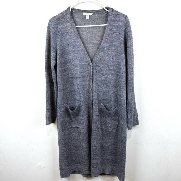 Eileen Fisher Grey %100 Organic Linen Long Cardigan Sweater Women’s Petite M - Picture 1 of 11